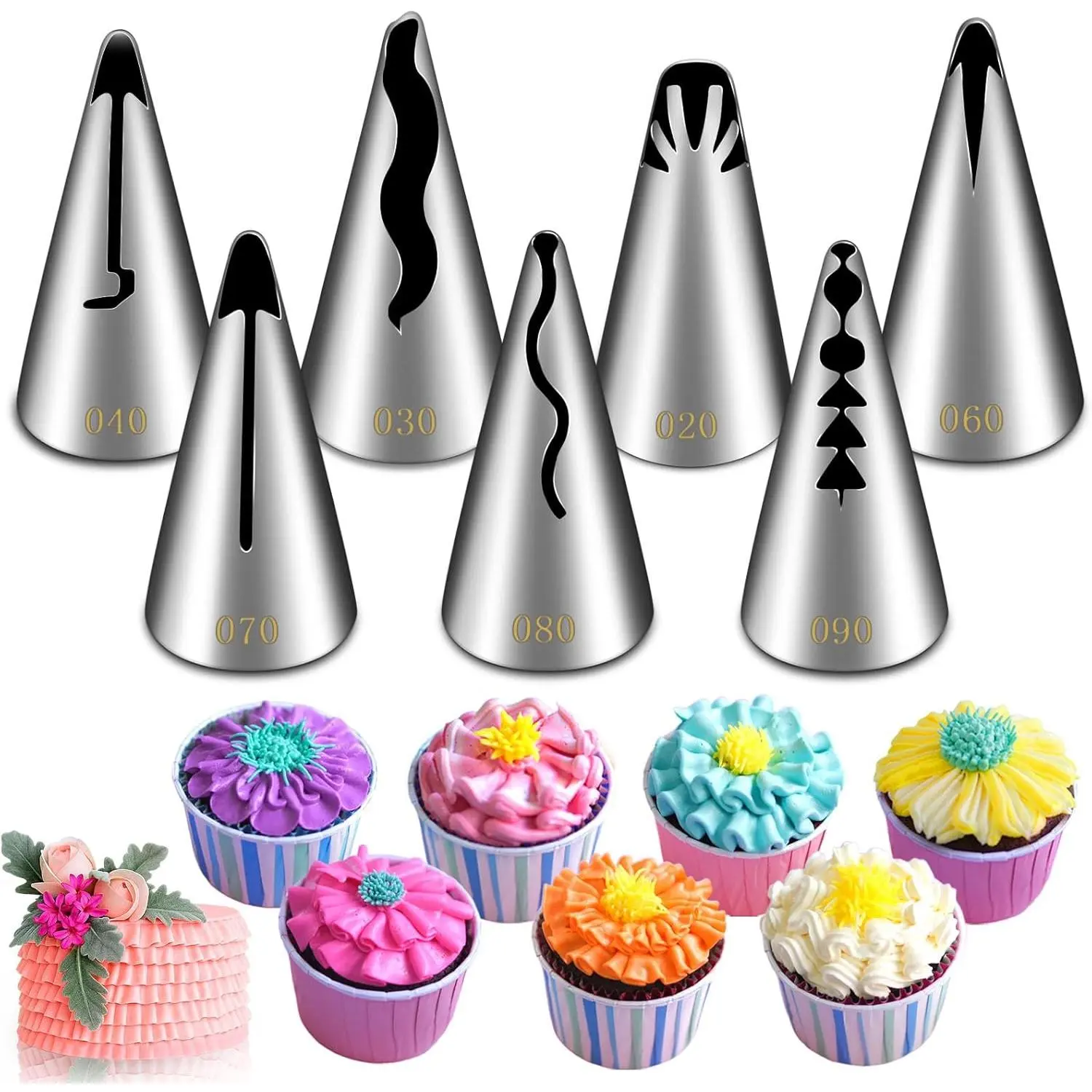 7 count Pleated Skirt Piping Nozzles Set, Stainless Steel Russian Nozzles Tips Piping Set For Pastry Fondant,Cake Decorating Supplies Baking Set Tools | Stainless Steel, Russian Nozzles Tips, Cake Decorating Supplies, Pastry Fondant