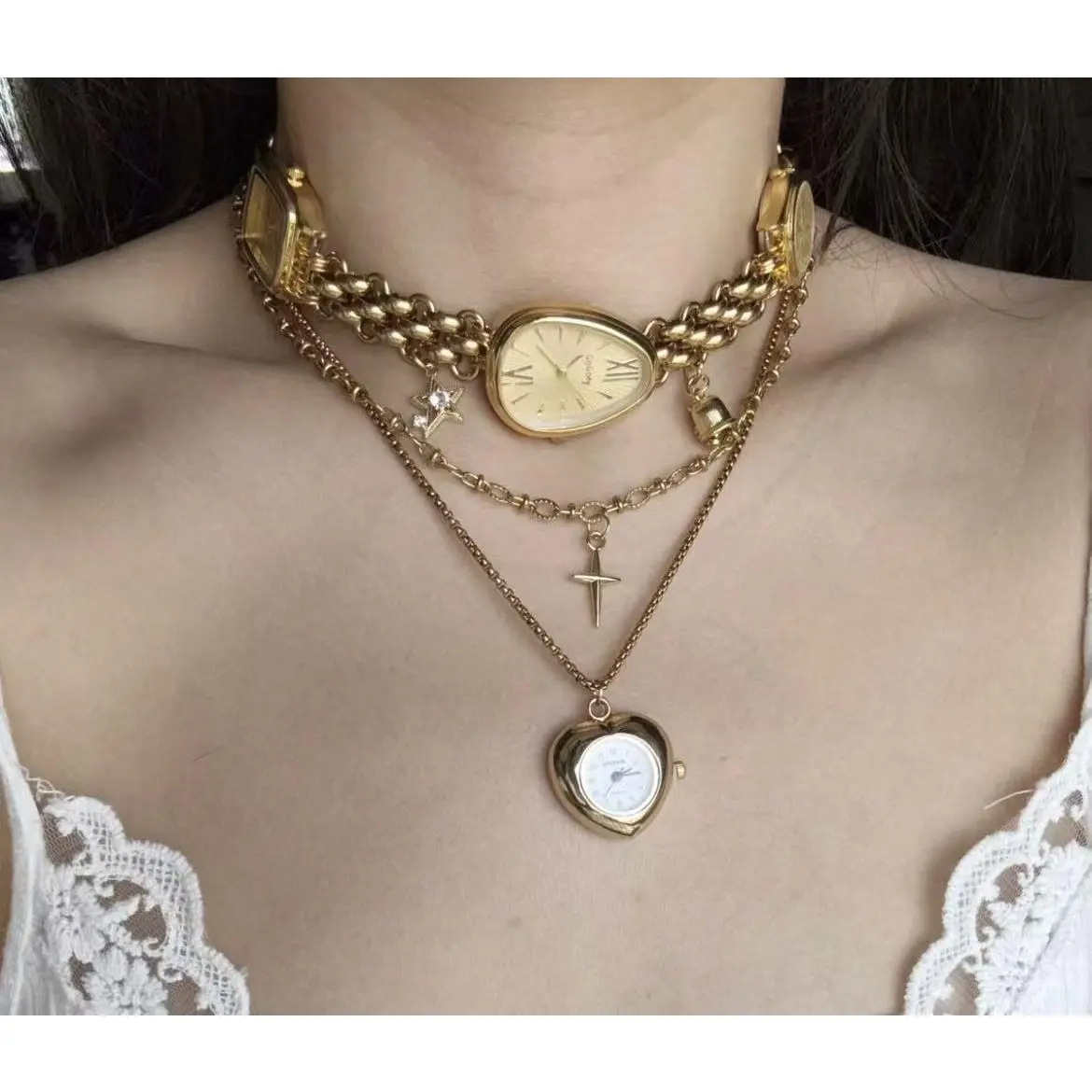Vintage Watch Face Choker, Heart Shaped Working Watch Pendant Chain, Cross Charm Multi-Layer Gold Chain, Retro Y2K Alt Punk Collarbone Jewelry, Adjustable Classic Vintage Neck Accessory for Streetwear Daily Party Outfit Matching
