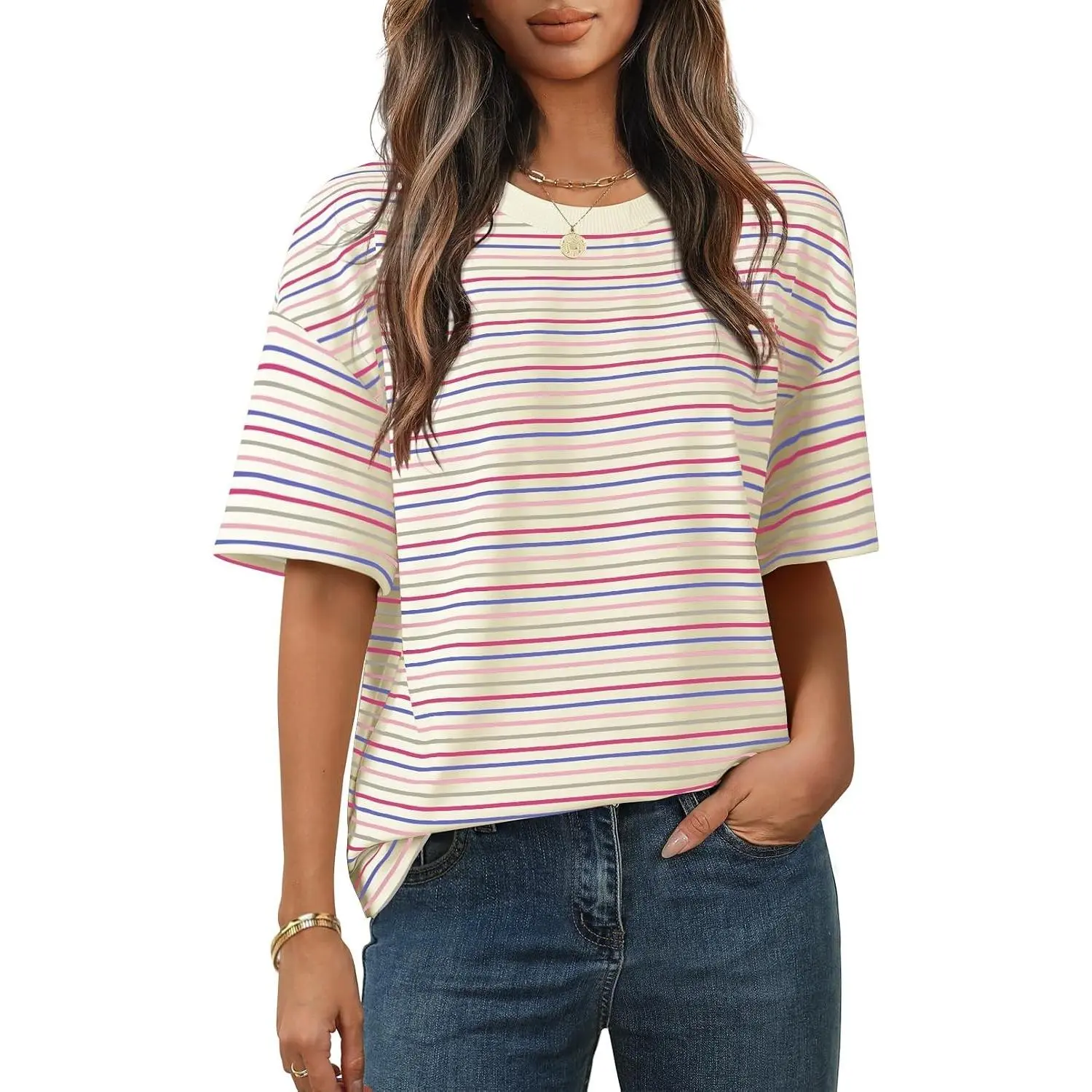 Women's 2026 Summer Short Sleeve Tops Casual Colourful Striped Crewneck Loose Work T Shirts Blouses