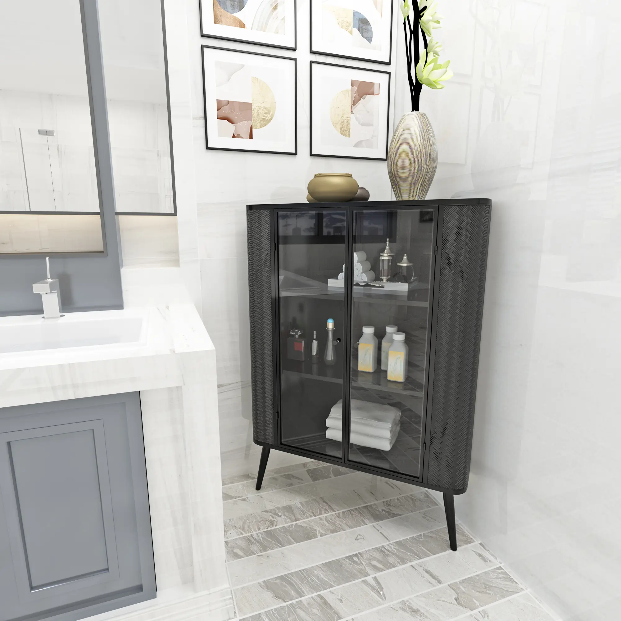 Nokaa 3-Tier Corner Storage Cabinet with Tempered Glass Doors, Removable Shelves & Metal Frame - Freestanding Space-Saving Organizer for Bathroom, Kitchen, Bedroom, Living Room, Small Spaces, Antique Black