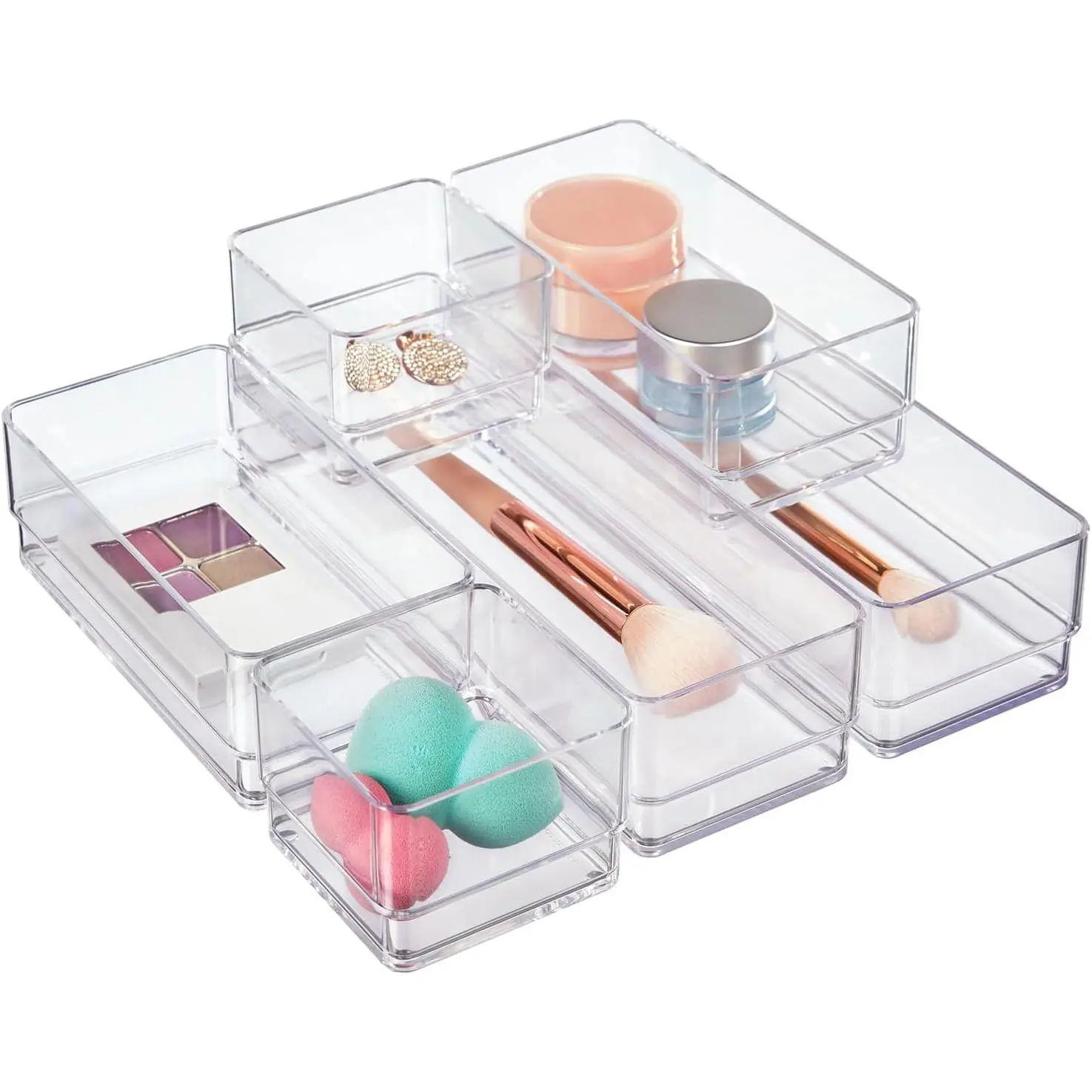 SimpleSort Drawer Organizer Bins 6 pc Set, Multi-size, Bathroom Organizers and Storage, Makeup Organizer, Desk Organizer, Vanity Organizer, Clear Organizing Containers, Made in USA