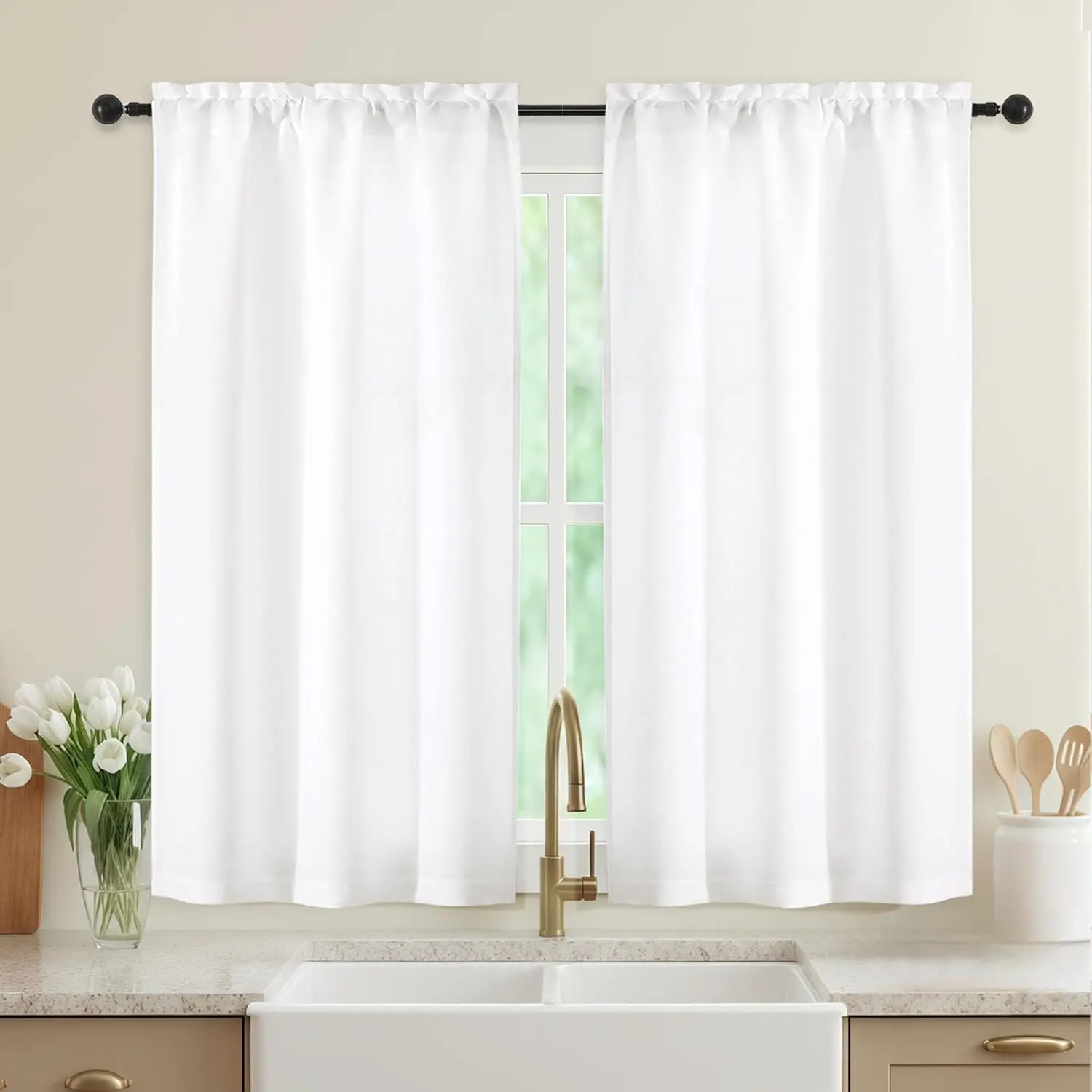 White Kitchen Curtains 2 Panels 45 Inch Length, Light Filtering Faux Linen Textured Short Window Curtains Over Sink, Half Curtain Tiers for Cabinet Bathroom Basement, 30Wx45L Inch