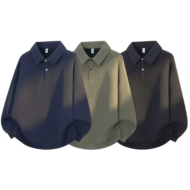 Men's Oversized Fleece Polo Sweatshirt - Longsleeves, Drop Shoulder, Lapel Collar, Button-Up, Heavyweight Thermal Polyester Blend, Plain Solid, Loose Fit, Comfy Warm, Minimalist Streetwear Menswear Casual Tops (3 Colors)