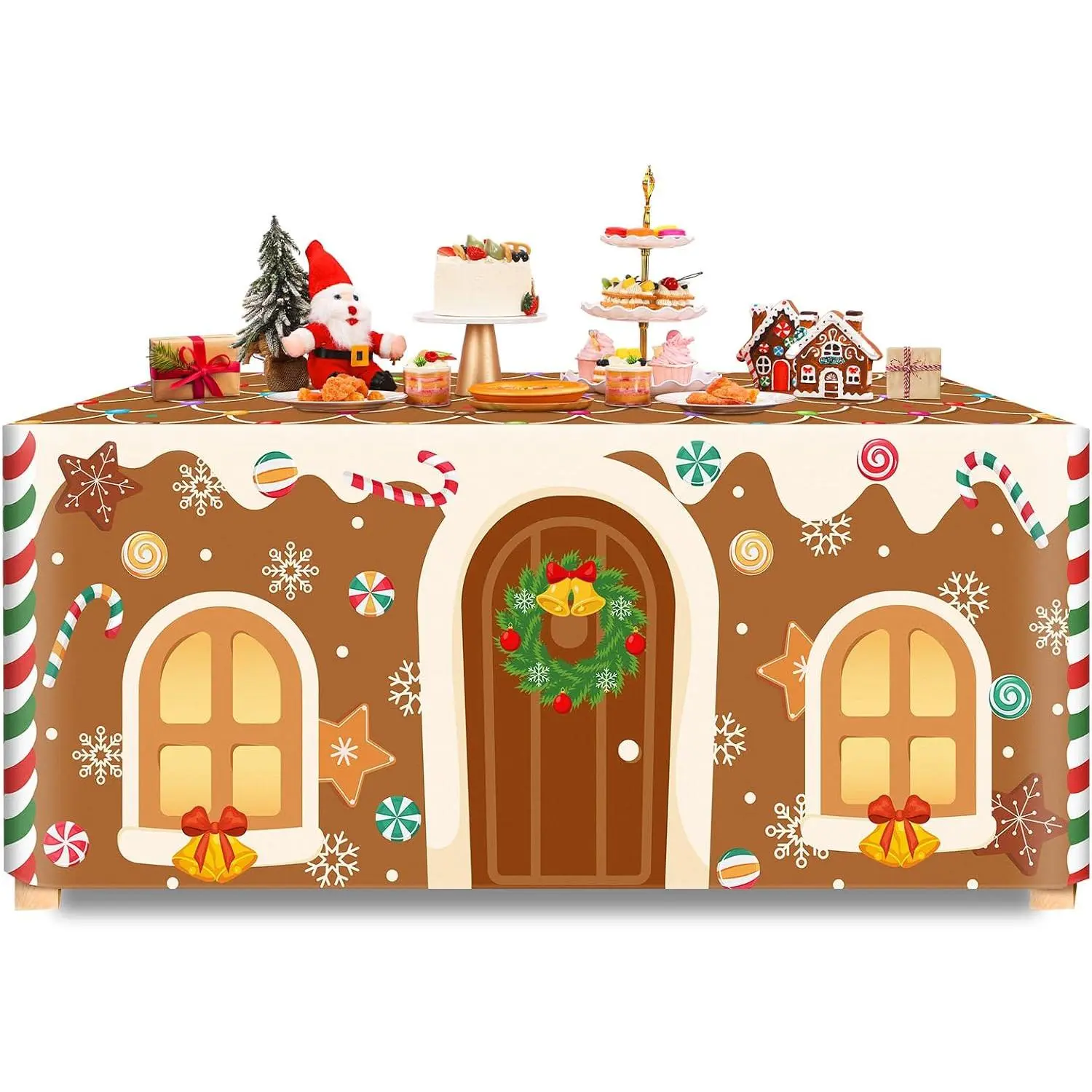 Christmas Tablecloth Fit,72" X 30",Gingerbread House| Reusable Washable Rectangle Cover, Waterproof and Oil Proof, Ideal for Xmas Holiday Party Dining Winter Decoration Supplies