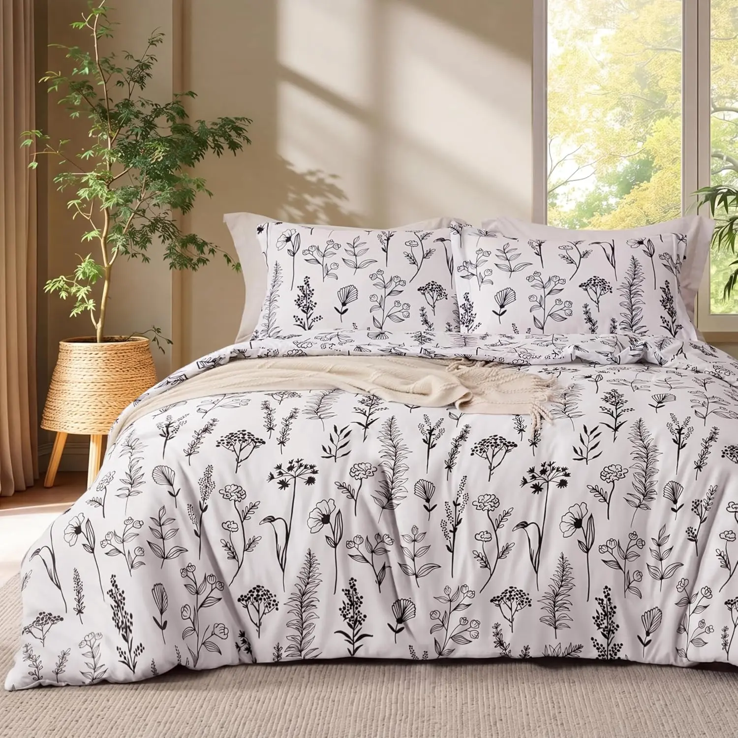Floral Queen Comforter Set White Bedding Set - 3 Pieces Queen Bed in a Bag with 1 Soft Reversible Botanical Flowers Comforter and 2 Pillow Shams