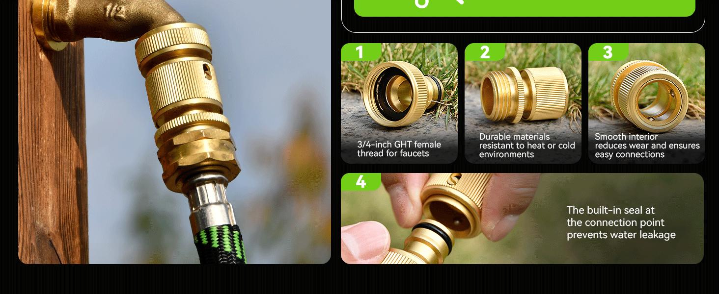 Garden Hose Quick Connectors, Heavy Duty Solid Brass 3/4 Inch GHT, Universal Leak-Proof Fittings for Easy Water Hose Connection (2 Sets)