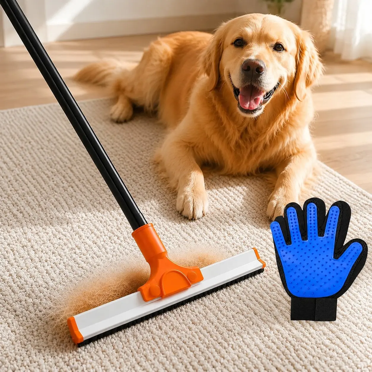 Carpet Rake for Pet Hair Removal – Carpet Scraper & Fur Rake for Dogs & Cats – Animal Fur Broom for Rugs & Furniture with Adjustable Lengths - Orange & BlackGift