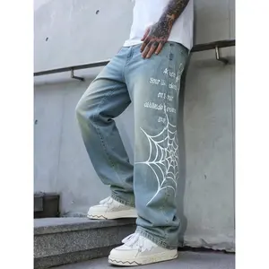 Men's High Cotton Spider Web Print Baggy Jeans, Graffiti Letter Printed Vintage Washed Wide Leg Denim Pants, Y2K Streetwear Casual Loose Fit Denim Jeans for Men