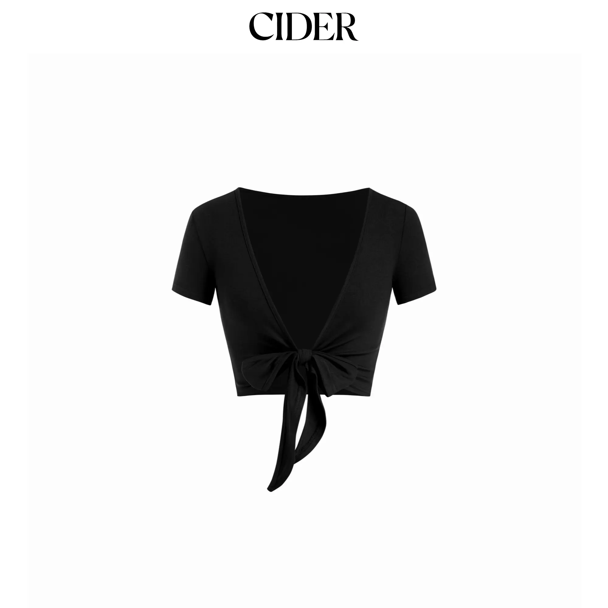 Cider Textured V-neck Short Sleeve Twist Knotted Crop Top