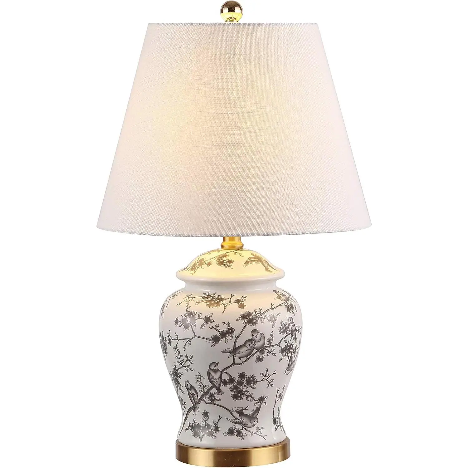 22" Decorative Penelope Ginger Jar Indoor LED Table Lamp, Gray/White - Ceramic Iron Construction, Chinoiserie, French Country Traditional, Linen Empire Shade, Brass Gold, LED Bulb Included