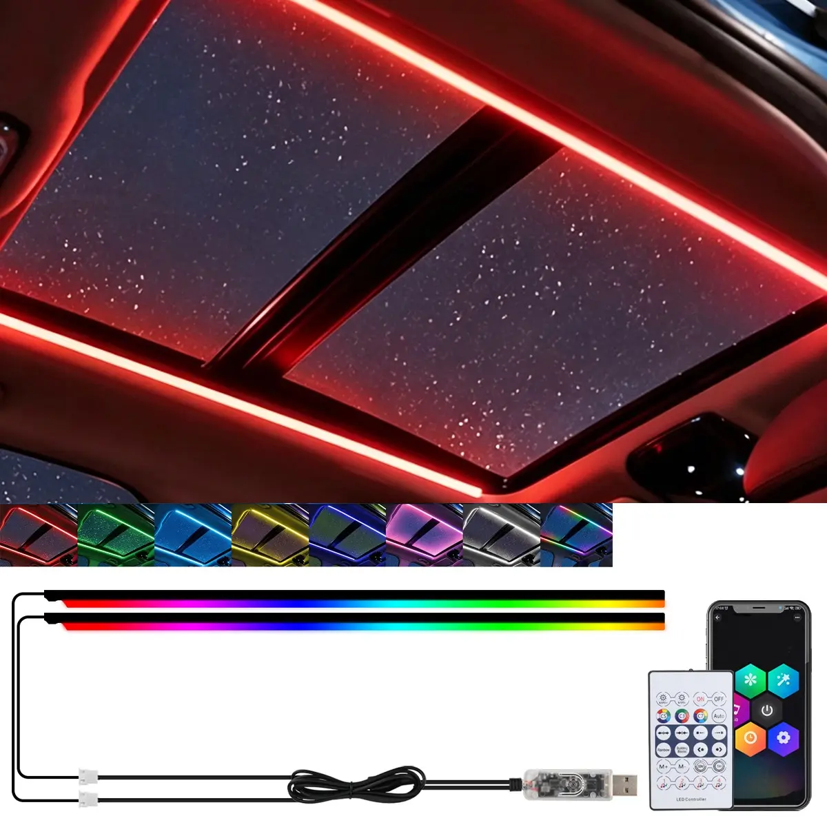 Car Sunroof Ambient Light, RGB Car Interior Lights, USB‑Powered Acrylic RGB LED Strip, App & Remote‑Controlled Multi‑Color Gradient Light with Music Mode, No‑Drill Install for Car Interior Upgrade