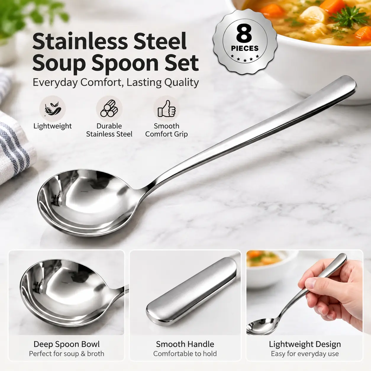 4/8 PCs Stainless Steel Soup Spoon Set Soup Spoons Stainless Steel
