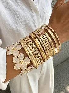 11-Piece Bracelet Set, Cuff Bangles Bracelets, Bracelets Stack, Elegant Floral Cuff Design, Adjustable Flower Open Closure, Zinc Alloy, Women's Fashion Accessory, All Seasons