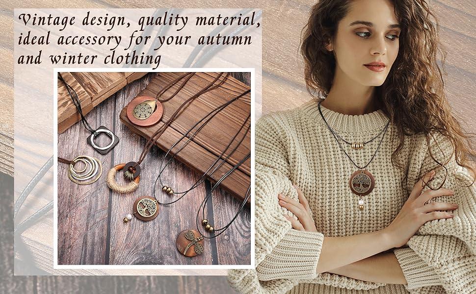 6PCS Boho Layered Long Necklaces for Women | Vintage Wooden Pendant Set | Trendy Dragonfly & Tree of Life Jewelry