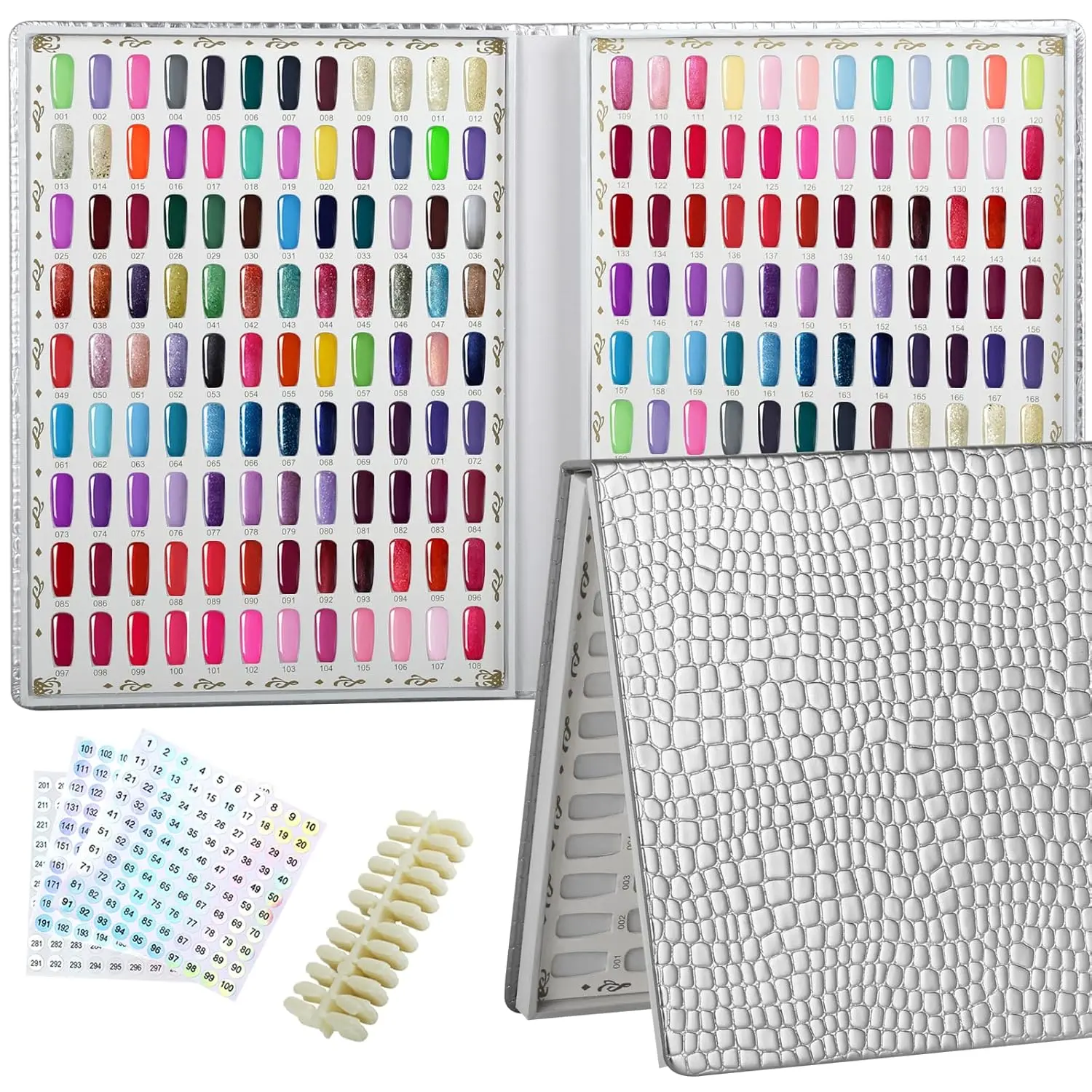 216 Colors Nail Swatches Book with 240 Nail Tips and Number Labels Leather Nail Gel Polish Display Book Nail Painting Practice Design Board No Need Pasting, No Need Glue