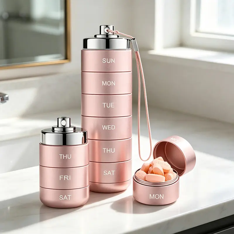 Metal Travel Pill Organizer - Stackable Storage Bins, 7-Day/4-Times Portable Waterproof Pill Storage, Large Daily Medicine Container for Vitamins, Fish Oil, Supplements