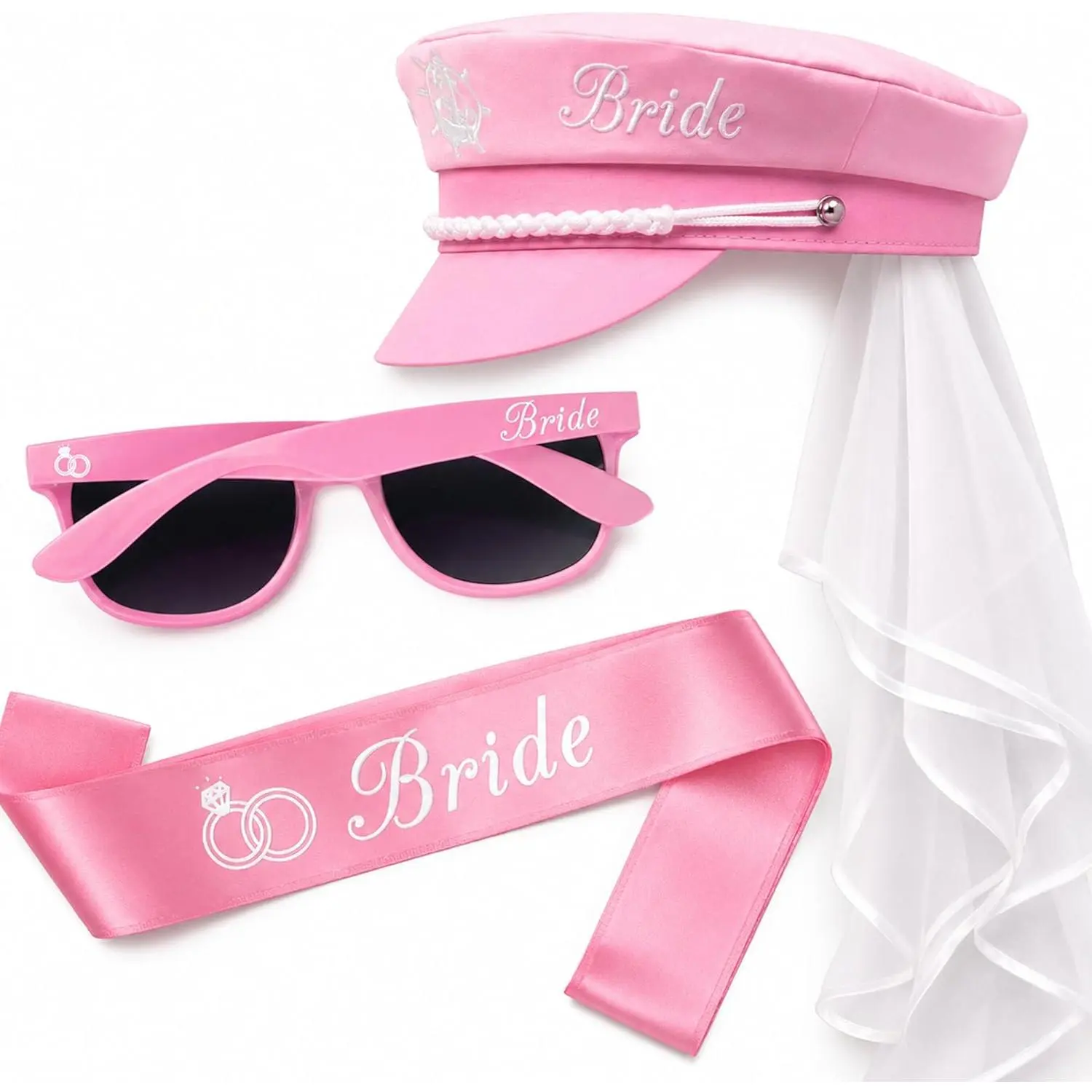 Bachelorette Party Captain's Hat, Glasses, Sash Set - Set Includes Captain's Hat, Bride Sunglasses, Bride Sash Funny Bridal Shower Wedding Gifts Favors Decor Decorations Pink Bride To Be Accessories