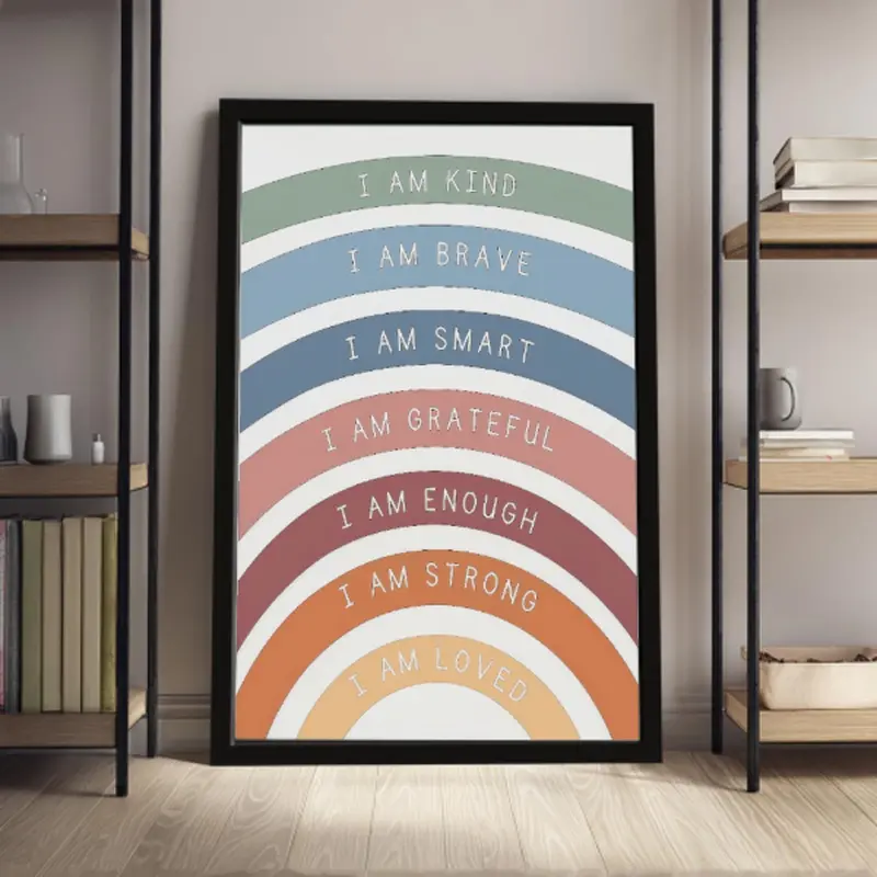 Rainbow Affirmations Painting Hanging Scroll Canvas Wall Art Poster, 1 Set Boho Inspirational Quotes Classroom & Playroom Wall Decor, Ornaments, Dopamine Decor, Wooden Wall Art, Wall Art Decoration, Home Decor Products, Artwork