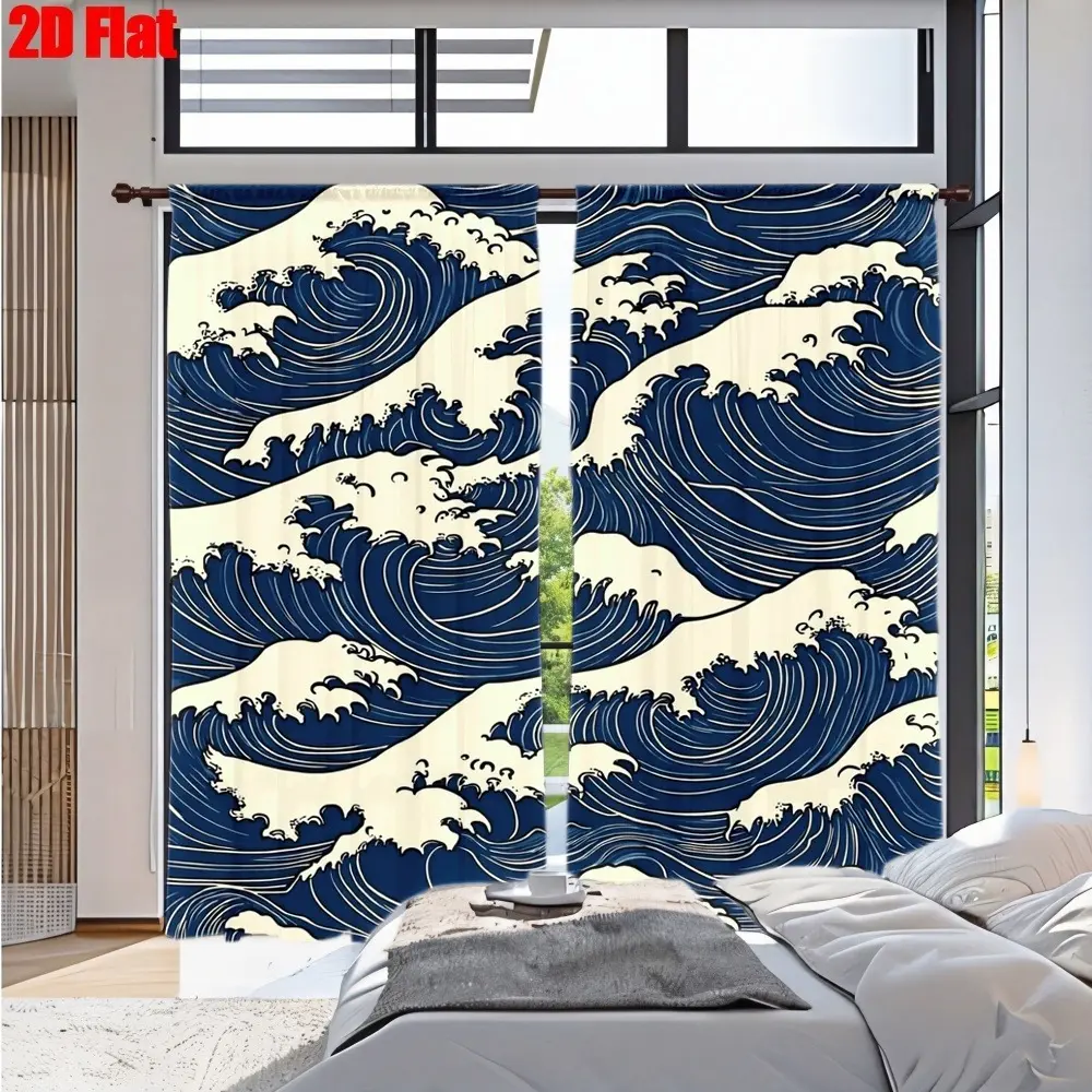 2D Flat 2Pcs Ocean Wave Curtains with Blue White Swirl Pattern, Japanese Style Decor, High Definition Printing, Artistic Nautical Theme, All-Season for Home Living Room Bedroom Kitchen Window Decoration