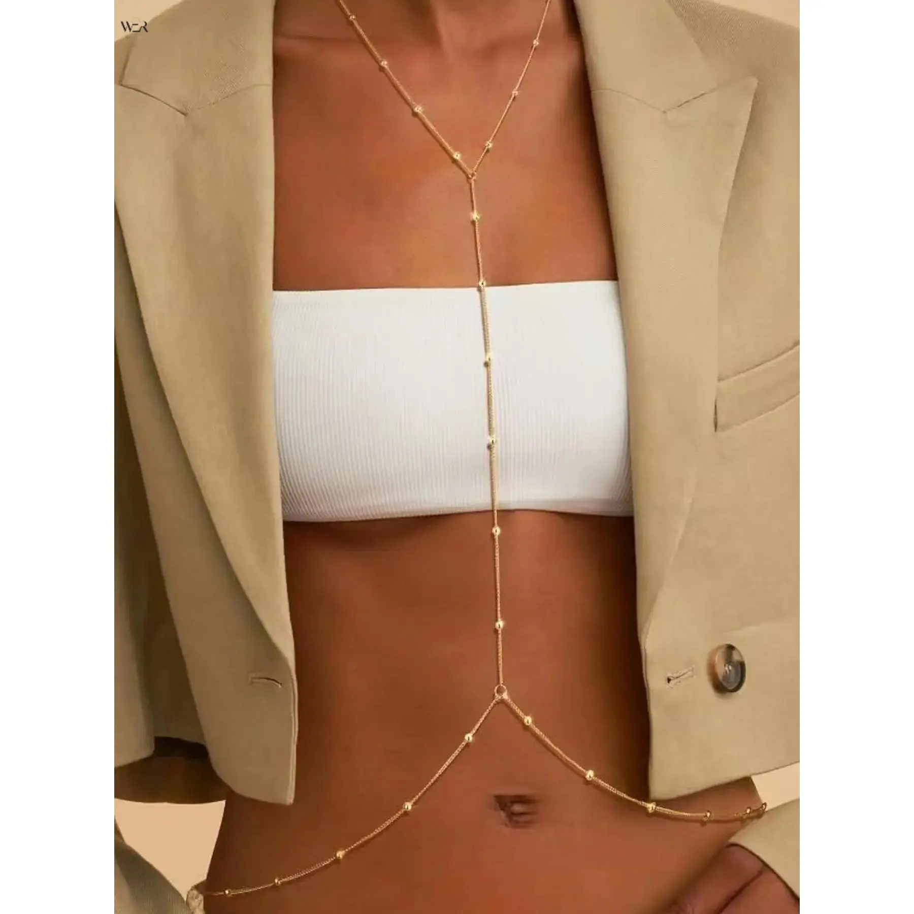 Women's Gold Pearl Bead Multi-Layer Adjustable Body Chain - Feminine, Lightweight, Bold Elegant Stylish Trendy Casual Beach Everyday Body Jewelry Set, Perfect Gift for Special Occasions Summer Look, Female, Daily, Bottom 90Cm+10Cm Extender