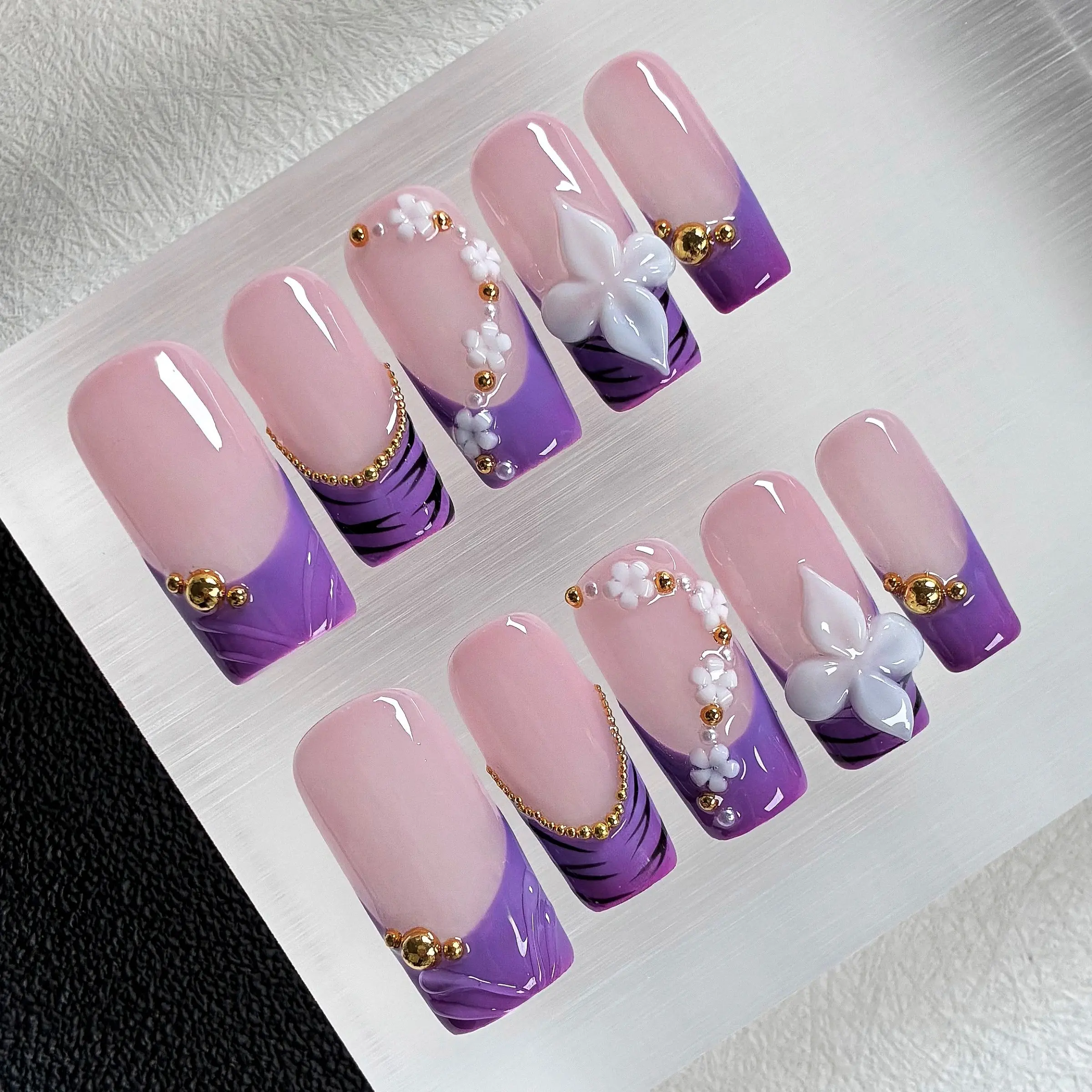 Lilac Floral Press On Nails, Acrylic Nails, Press On Nail Set, Long Square, 10pcs Handmade glossy nails with dreamy designs including sheer nude base, gradient purple tiger stripe french tip, 3D white four-petal flower, reusable fake nails