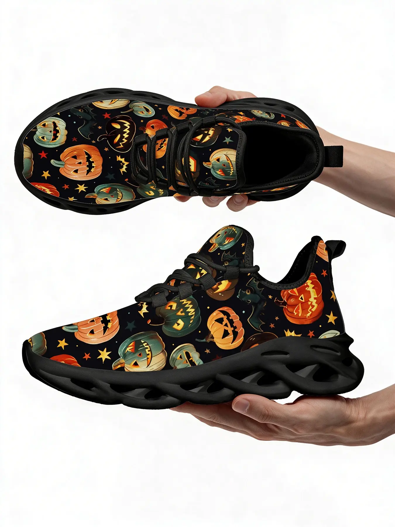 Unisex Halloween Pumpkin Black Cat Print Mesh Sneakers, Spooky Jack O Lantern Star Pattern Breathable Running Shoes, Lightweight Hollow Chunky Sole Non Slip Casual Athletic Walking Trainers Holiday Party Daily Footwear
