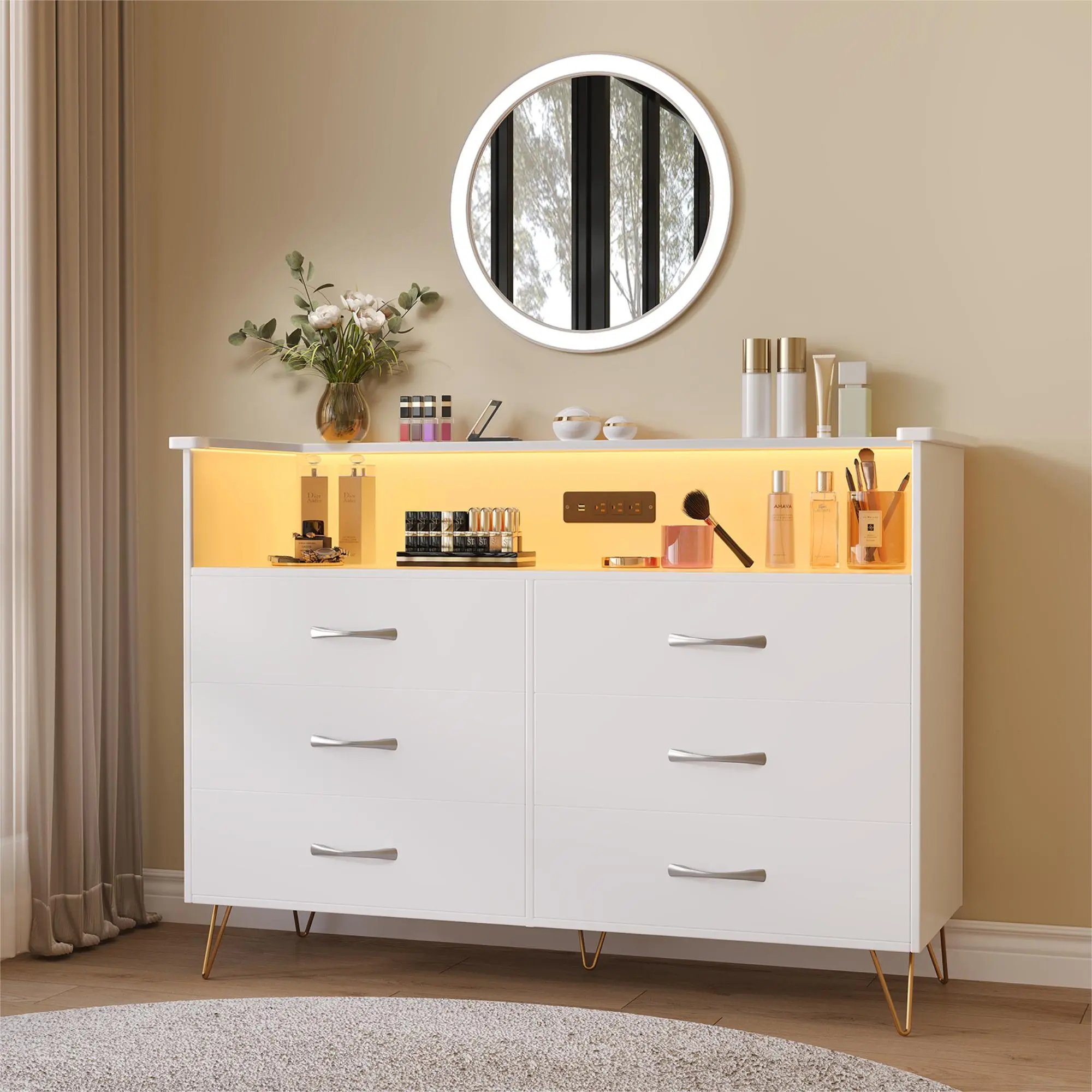 Modern Pink and White 6 Drawer Dresser with LED Lights and Charging Station Premium MDF Wood Storage Chest of Drawers with Open Shelf Smart RGB Music Sync Media Console Table Organizer for Girls Bedroom Living Room Entryway