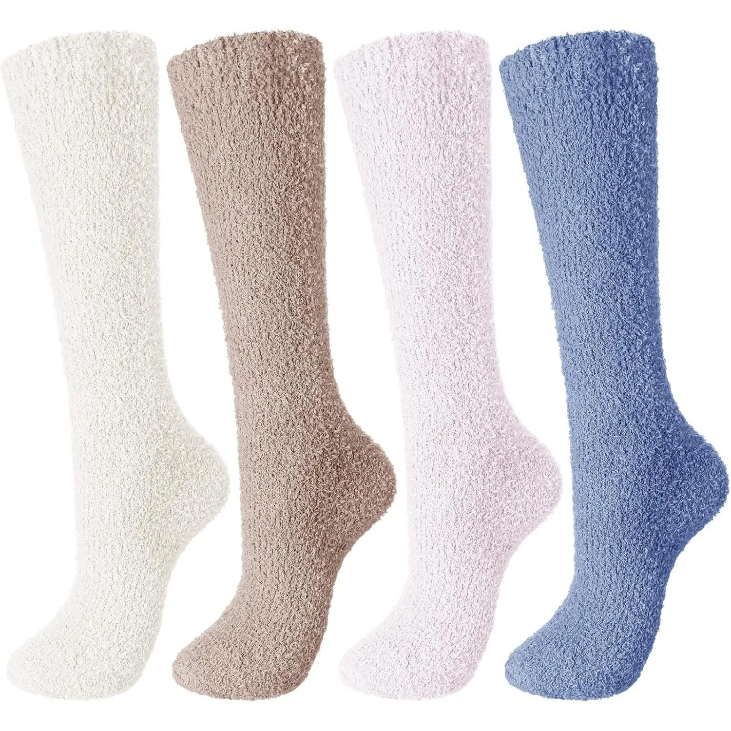 4 Pairs Long Fuzzy Socks Soft Warm Fluffy Knee High Socks Plush Cozy Long Stockings Women Patients Recovery