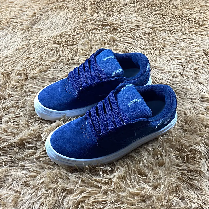 Navy Blue Distressed Suede Platform Skate Sneakers for Men Women, Matching Dark Blue Thick Flat Laces Minimalist Retro Y2K Street Low Top Casual Board Shoes