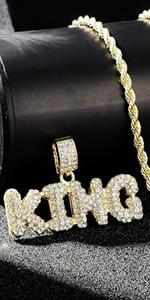 14k Gold Silver Plated Hip Ho Rapper Pendant Chain Necklace for Men-Iced Out Diamond King Pendant with 22 Inch Rope Tennis Chains