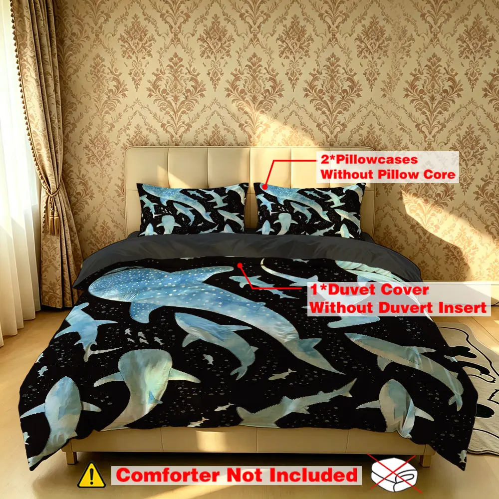 The 3-piece shark-themed bedding set includes one quilt cover and two pillowcases, without filling. It's soft and comfortable, suitable for single beds and double beds, and ideal for bedrooms, dormitories, and hotels.