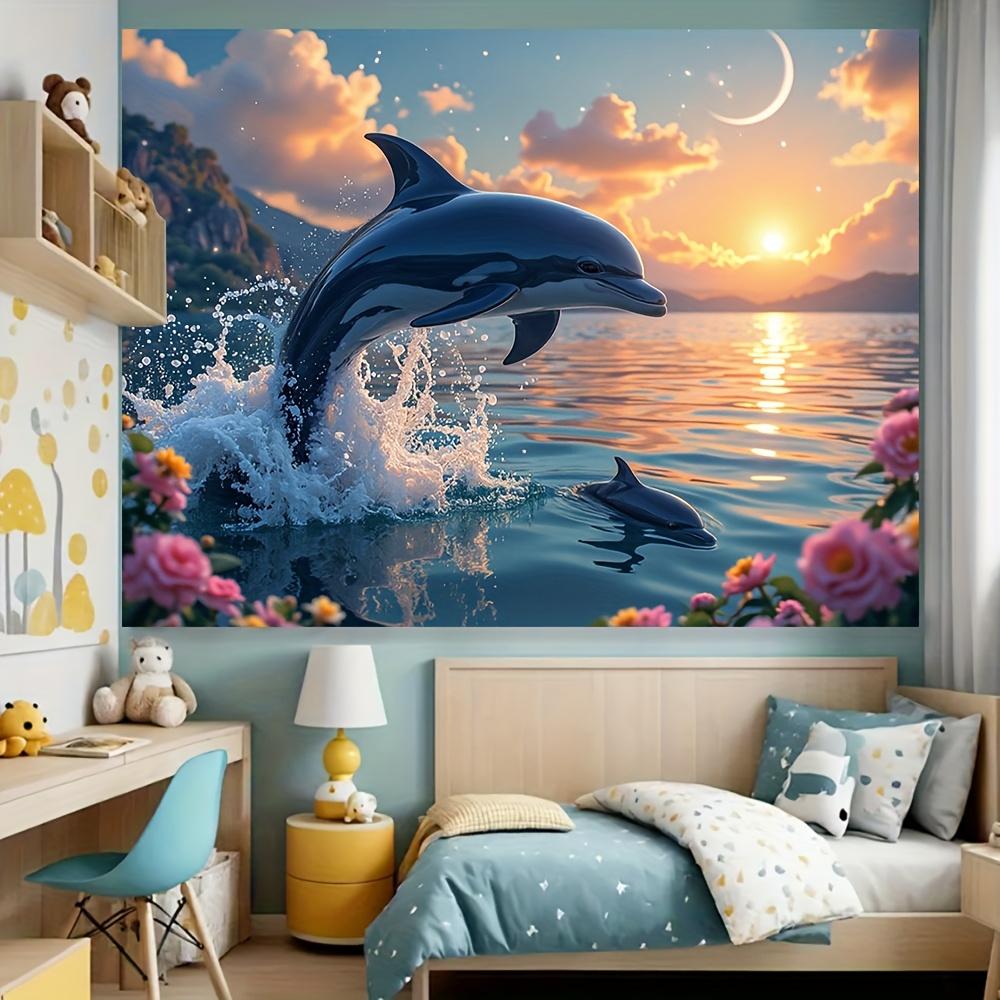1pc Vibrant Dolphin Sunset Polyester Backdrop, Multipurpose Tapestry for Living Room, Bedroom, Office & Home Decor, No Electricity Needed, Perfect for General Celebrations & Seasonal Party Decor, Dolphin Decor