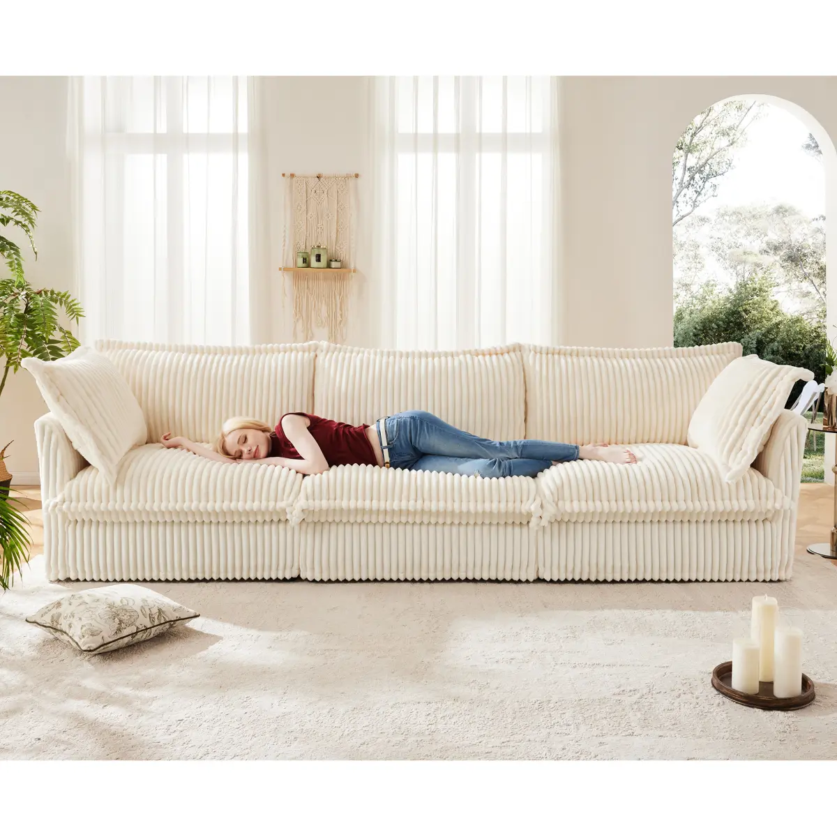 Slipcovered Sofa Couch, Modern 3 Seater Sofa with Suppleness Armrests,Deep Seat Sofa with Soft Multiple Big Pillows, Comfy Couch for Living Room, Apartment,Cream Corduroy Fabric