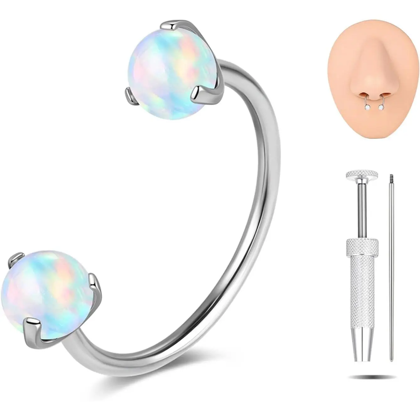 G23 Titanium Horseshoe Nose Ring 20G Opalite | Horse Shoe Nose Hoop, Nostril  , Cartilage Helix Tragus Earring Hoop, For Women Men