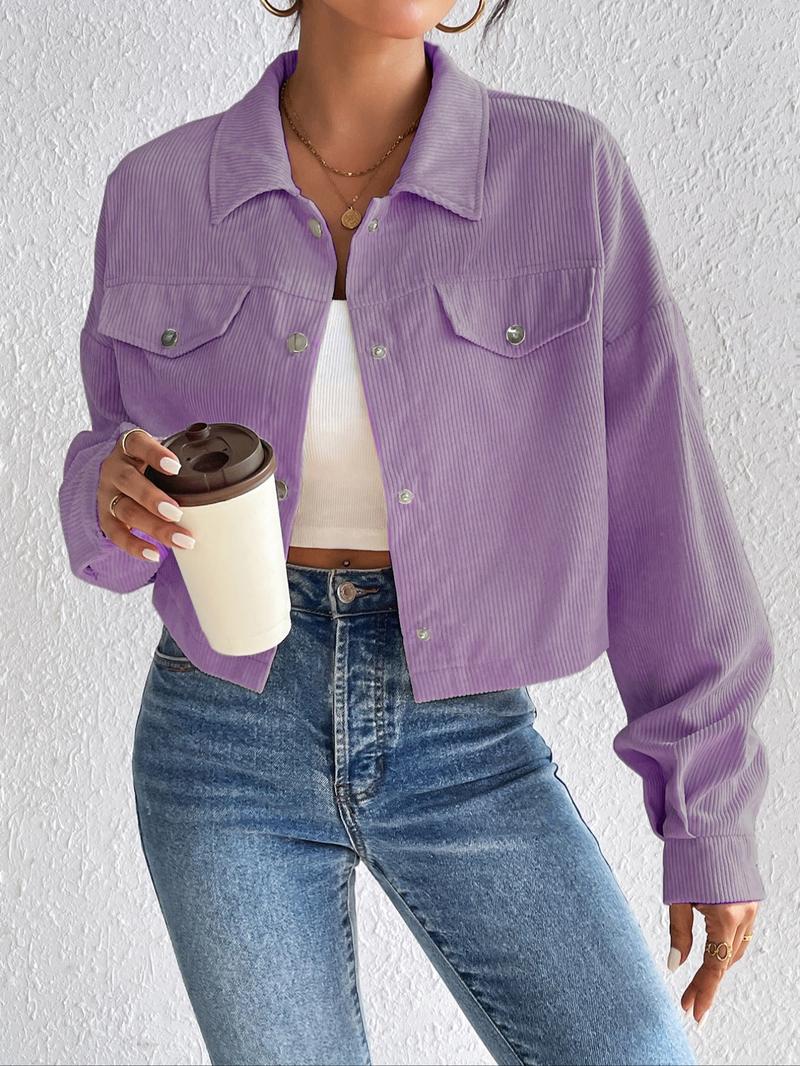 Women's Plain Button Front Drop Shoulder Jacket, Casual Pocket Design Long Sleeve Corduroy Jacket for Fall & Winter