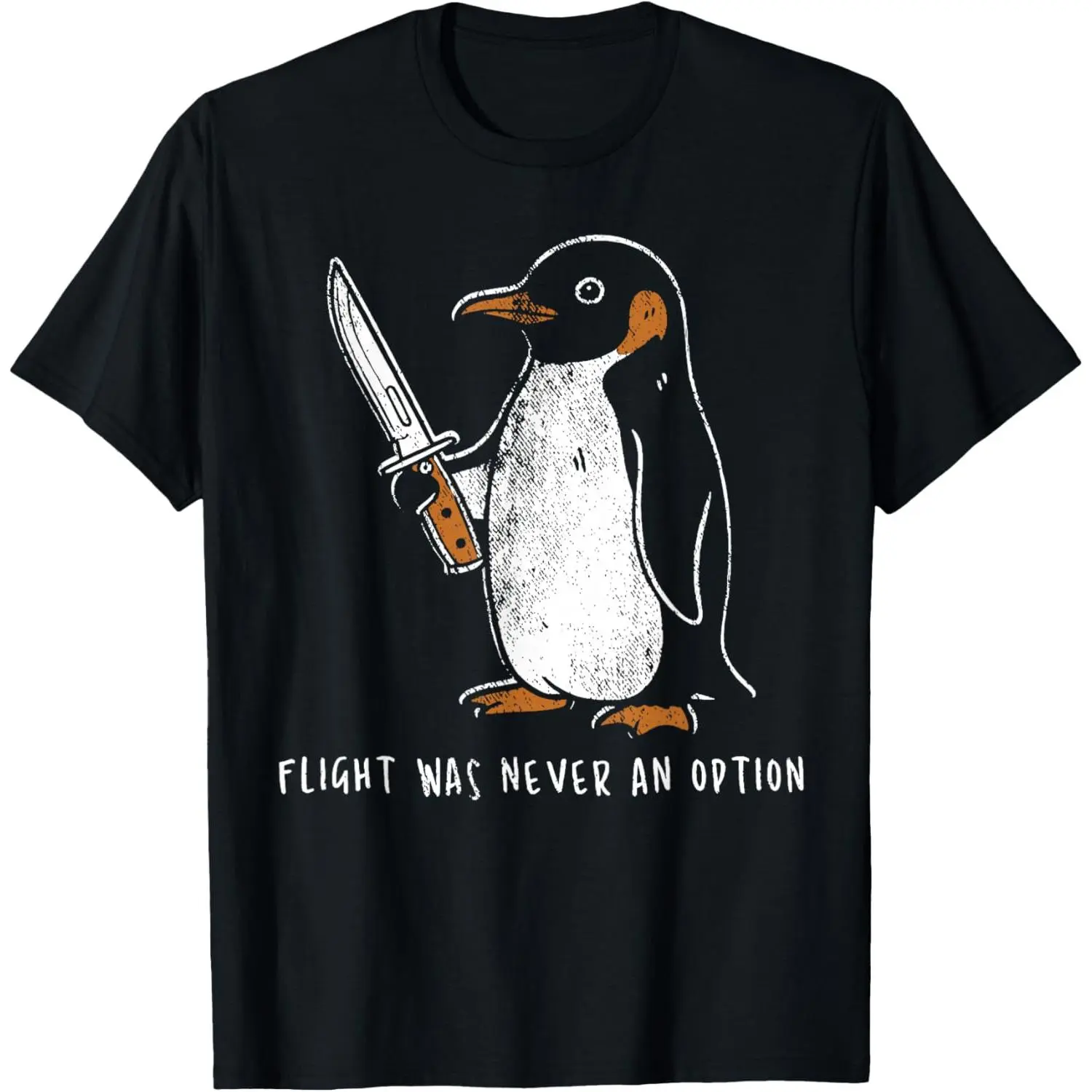 Men's Short-Sleeve Smooth Streetwear Tee - "Flight Was Never an Option" Bold Print Funny Penguin with Knife, Original Art, Cotton-Poly Blend, Lightweight Flex, Tailored Cut, All-Season Chic Top, Club Wear