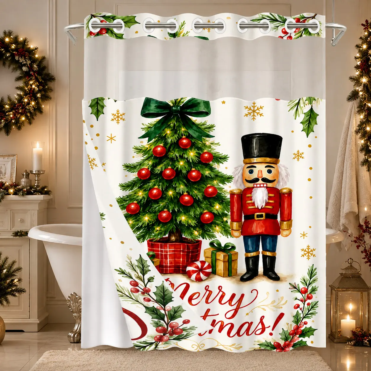 No Hooks Christmas Nutcracker Tree Shower Curtain with Snap-In Liner, Double-Layer Waterproof Fabric, Sheer Mesh Top, Removable White Liner, Traditional Holiday Bathroom Decor, Hotel, Dormitory and Bathroom Accessories, 72x75in