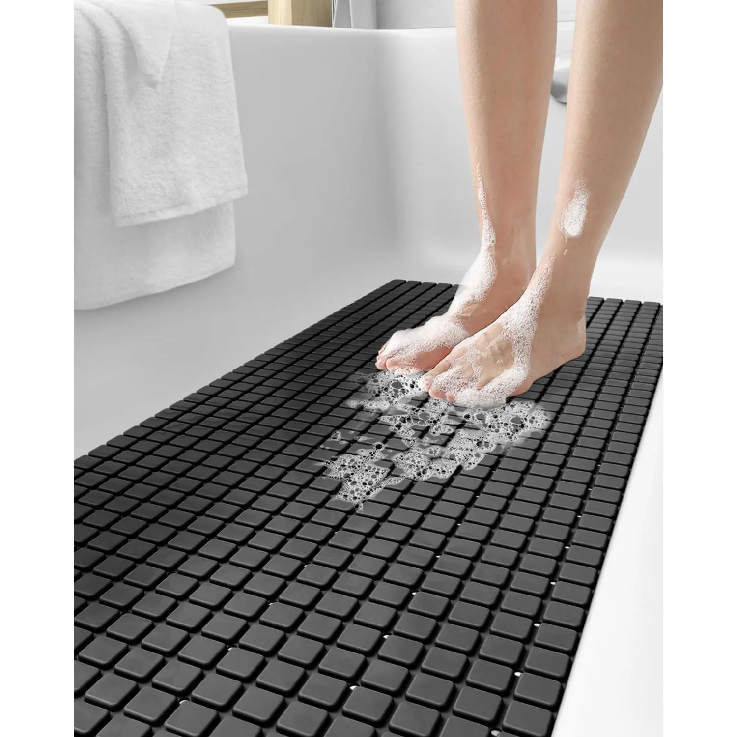 Bathtub Mat Non Slip, 39x16 Bath Tub Shower Floor Bathroom Mats Black | Extra Long Suction Cups, Drain Holes, Machine Washable for Tub Shower Floor Bathmat