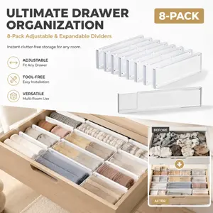 8-Pack Adjustable Drawer Dividers - Expandable, Tool-Free Organizers for Kitchen, Bedroom & Bathroom Storage