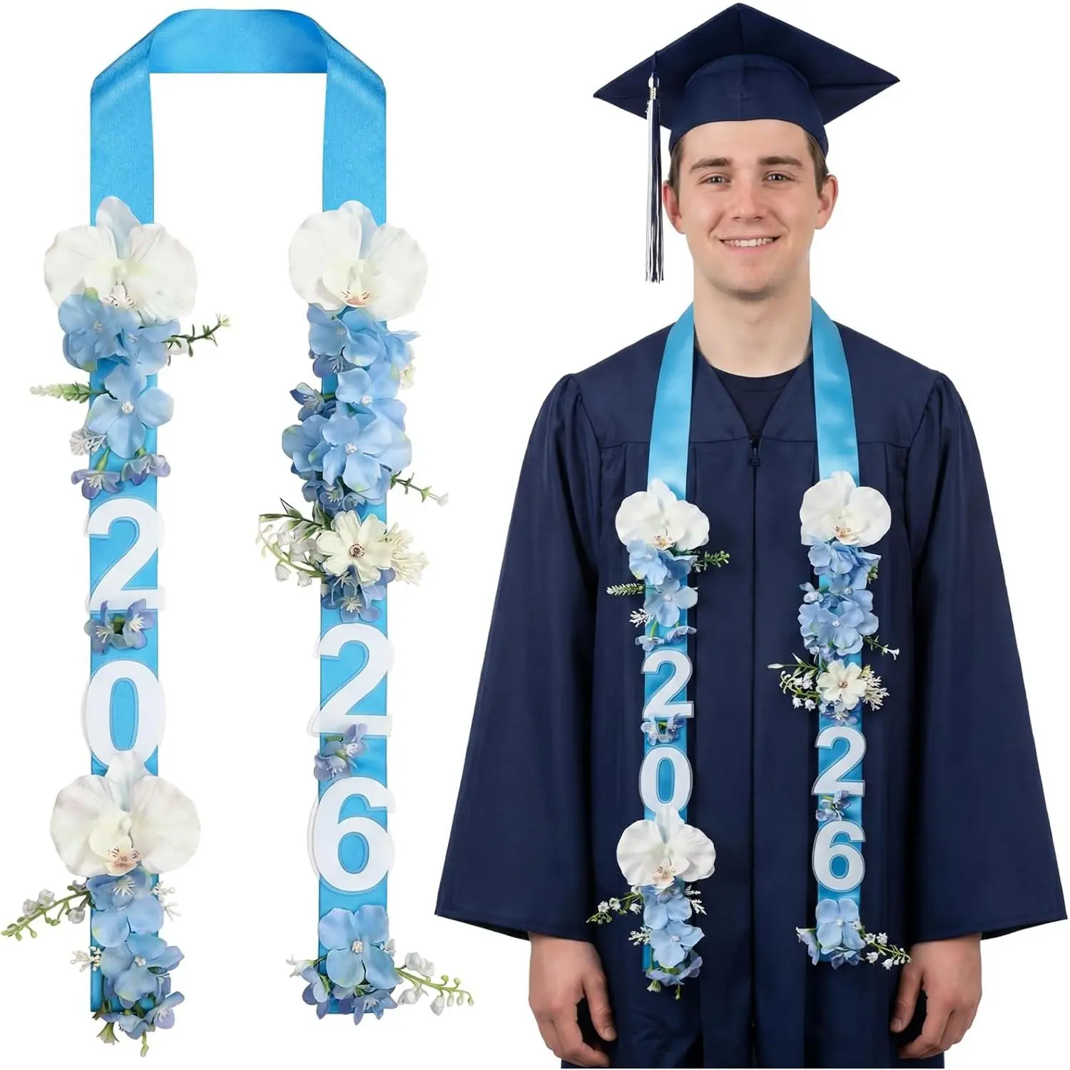 Hawaiian Flower Lei, 65-Inch Blue Phalaenopsis-Style Satin Scarf for Graduates, Artificial Class of 2026 College Graduation Gift, Blue Scarf