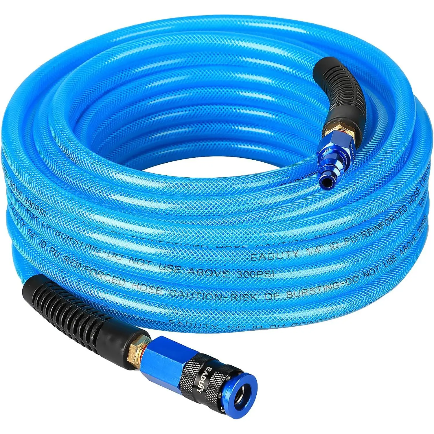Heavy Duty Reinforced Polyurethane Air Hose 1/4 in x 50 ft, Lightweight, Flexible Compressor Hose with Universal Quick Coupler, Plug and Bend Restrictors, Blue