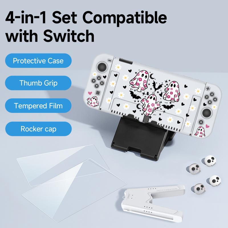 Cute Ghost Pattern Game Console Protective Case with Tempered Film & V-shaped Grip & Rocker Cap, Game Console Accessories for Switch OLED/NS/Lite
