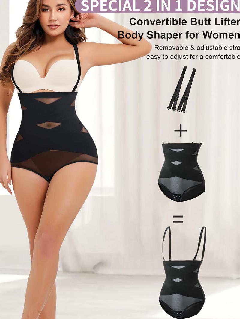 Women's Contrast Mesh Sheer High Waist Shapewear Bottom with Detachable Shoulder Straps, Tummy Control Compression Shapewear, High Stretch Seamless Shaper for Daily Wear