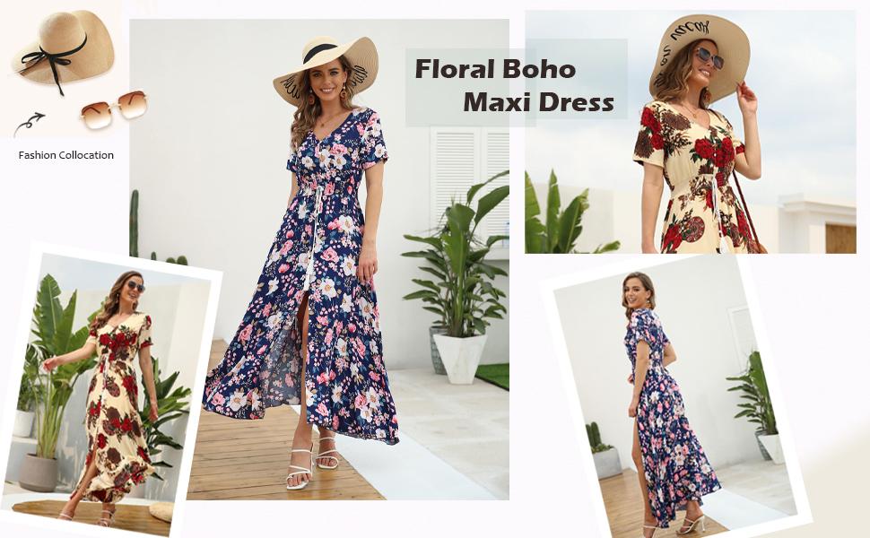 Women's Floral Maxi Dresses Casual Long Summer Boho Beach Dress Short Sleeve Button Up Split Party Dress