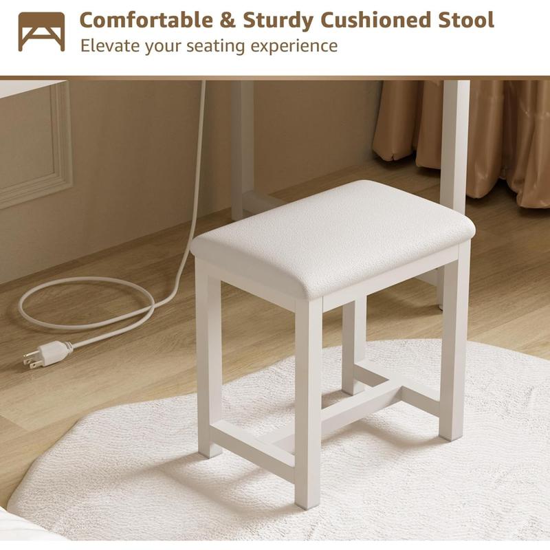 White Vanity Desk with Mirror and Light- Makeup Vanity Set Table with Chair, Storage, Lighted Mirror, 8 Large Fabric Drawers & Power Outlet, Dressing Table Vanities for Bedroom, Get Free Gift