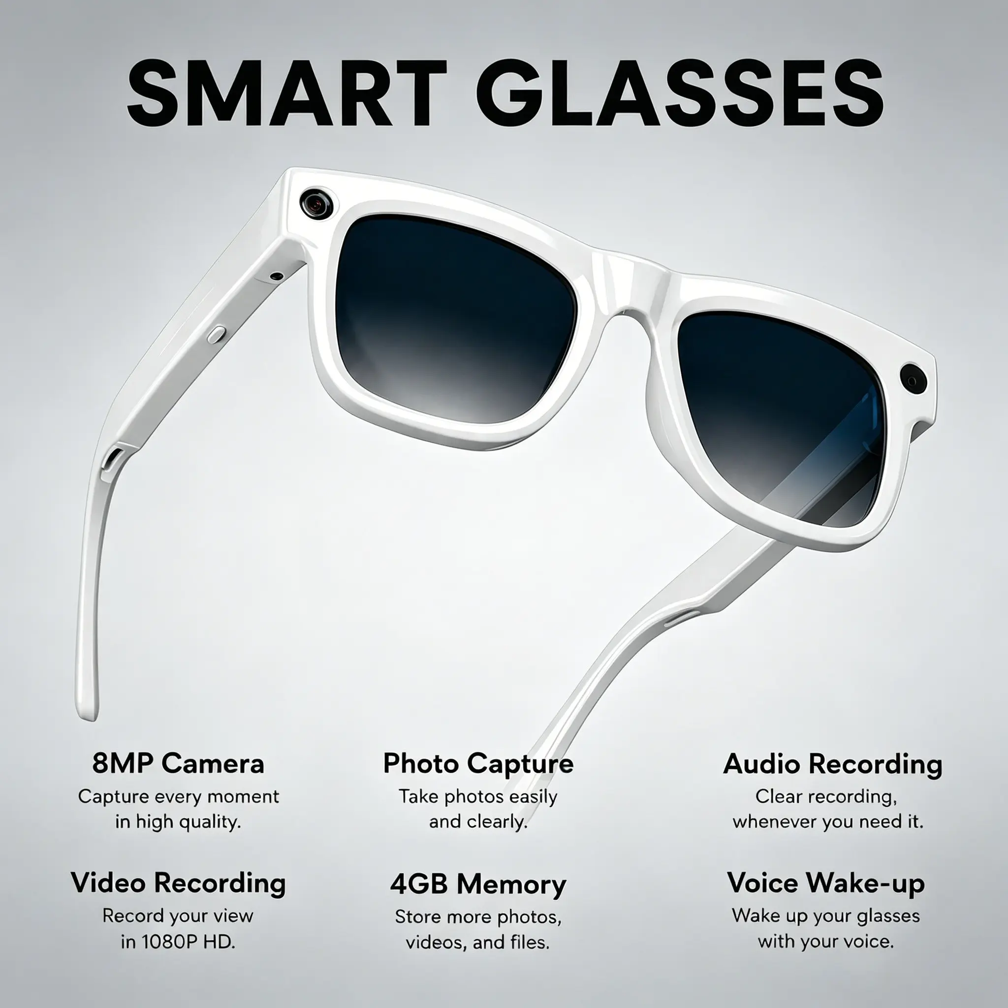 Wireless Calling Music Smart Glasses, Ai Office Assistant, Translation Feature, 800w HD Camera, Photo Video Recording, Sunscreen Design, 4GB Memory