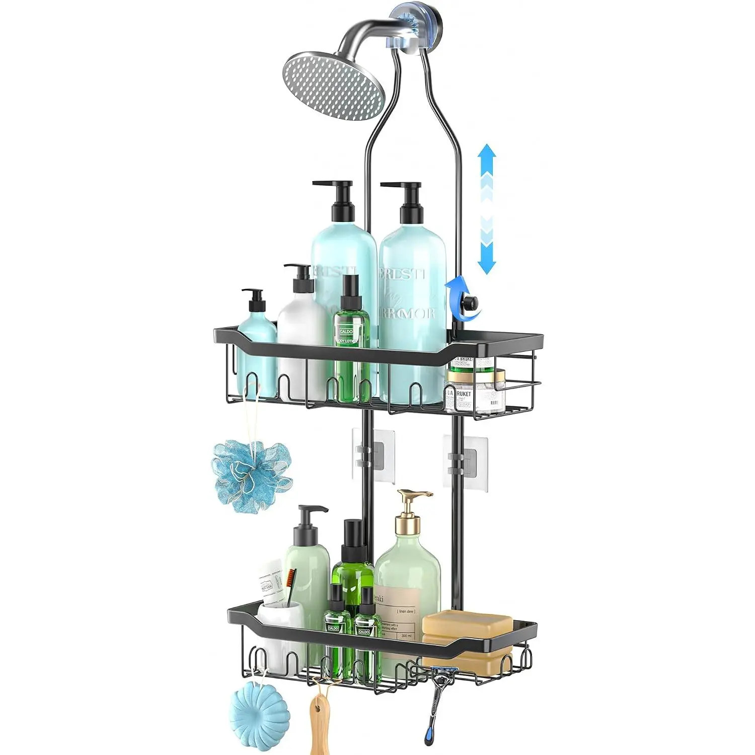 Rustproof Stainless Steel Adjustable Hanging Organiser - Tool-free Height Adjustment, Shower Storage for 18-in Large/Tall Bottles, Anti-slip, Compatible with Bathroom Heads, Ideal for Large Families