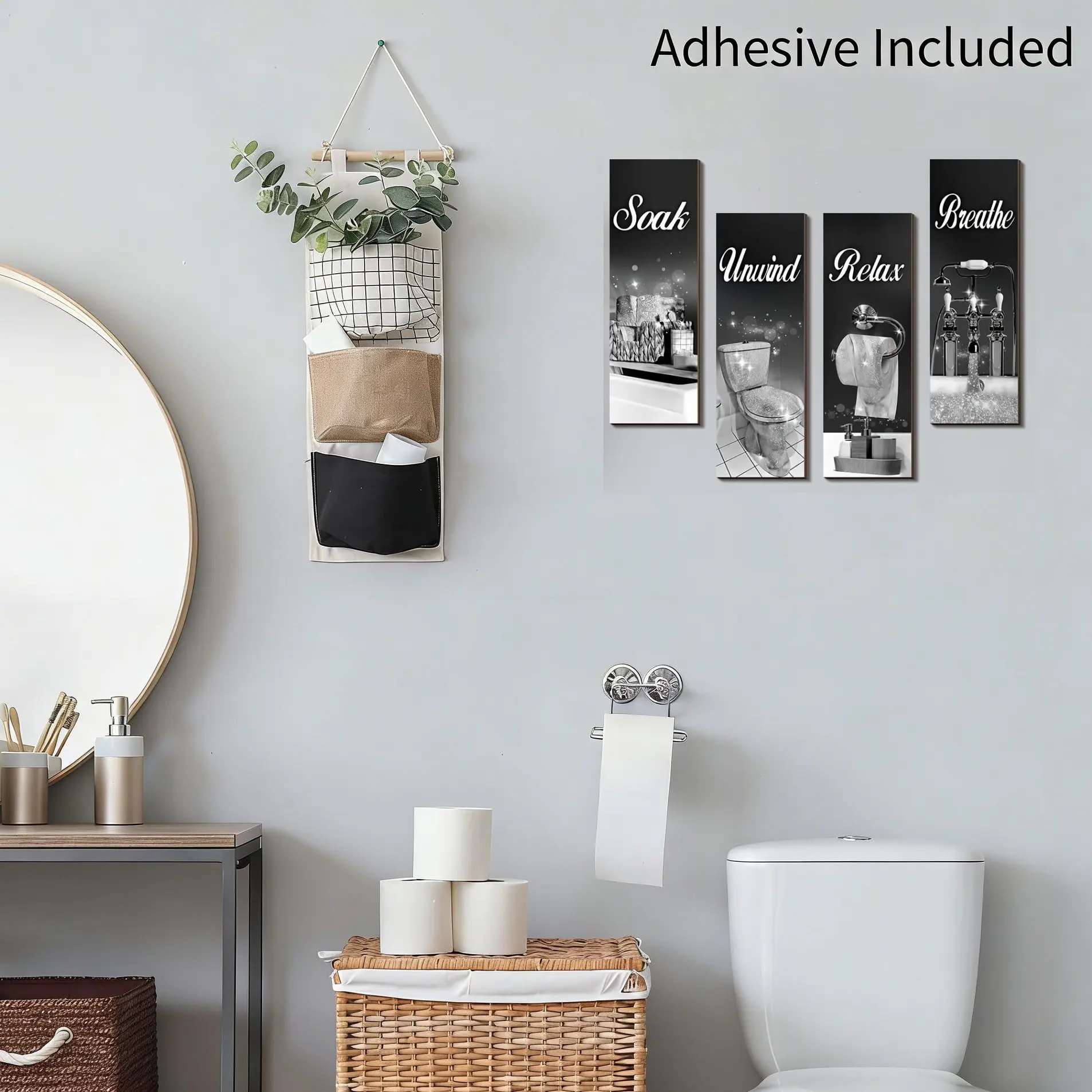 4-Piece Bathroom Wall Art Set, Rustic Style Wooden Signs, Easy Install, Hanging, Perfect for Home Bathrooms & Christmas Decor