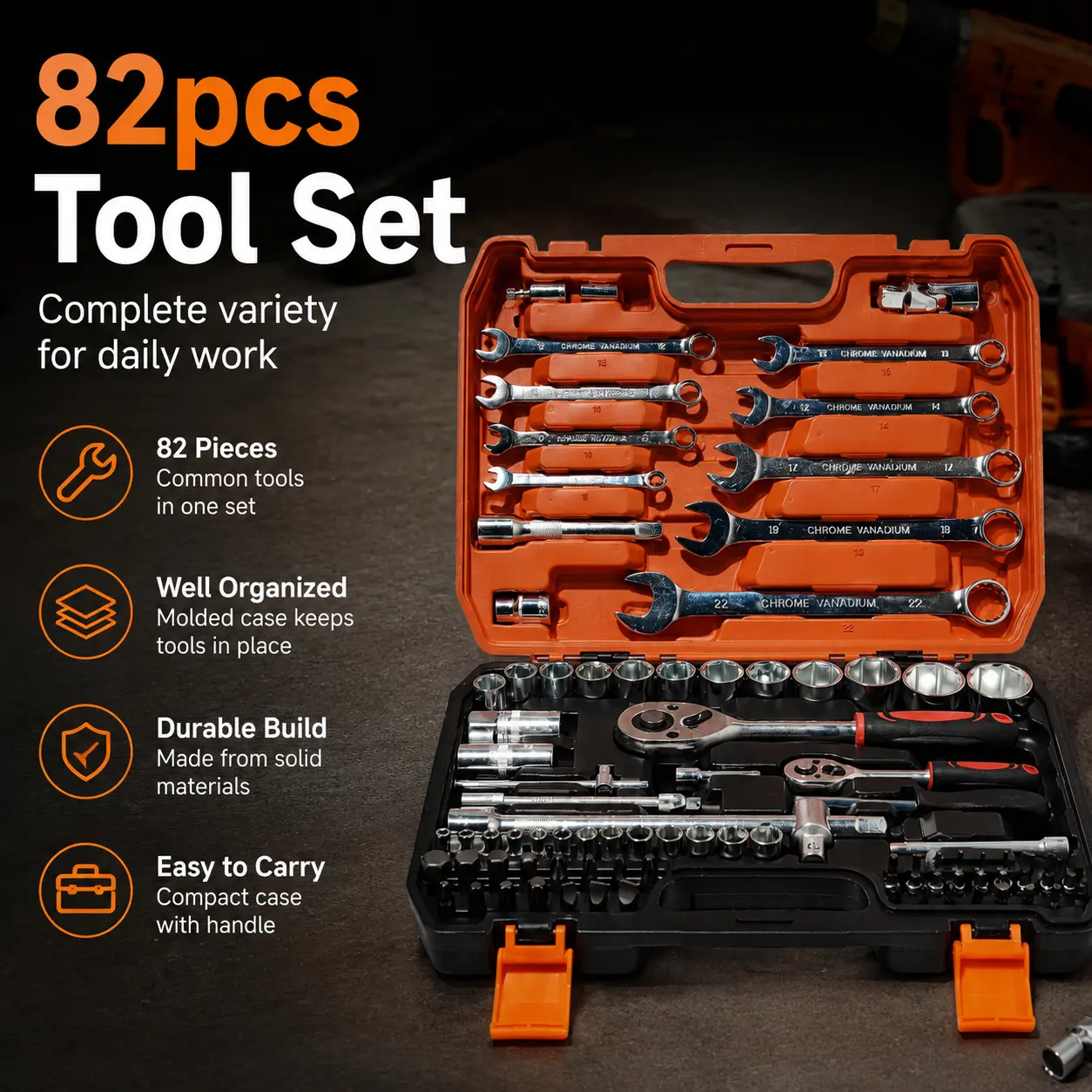 82-piece orange and black socket wrench tool set for auto repair and household maintenance hardware toolbox automotive tool kit