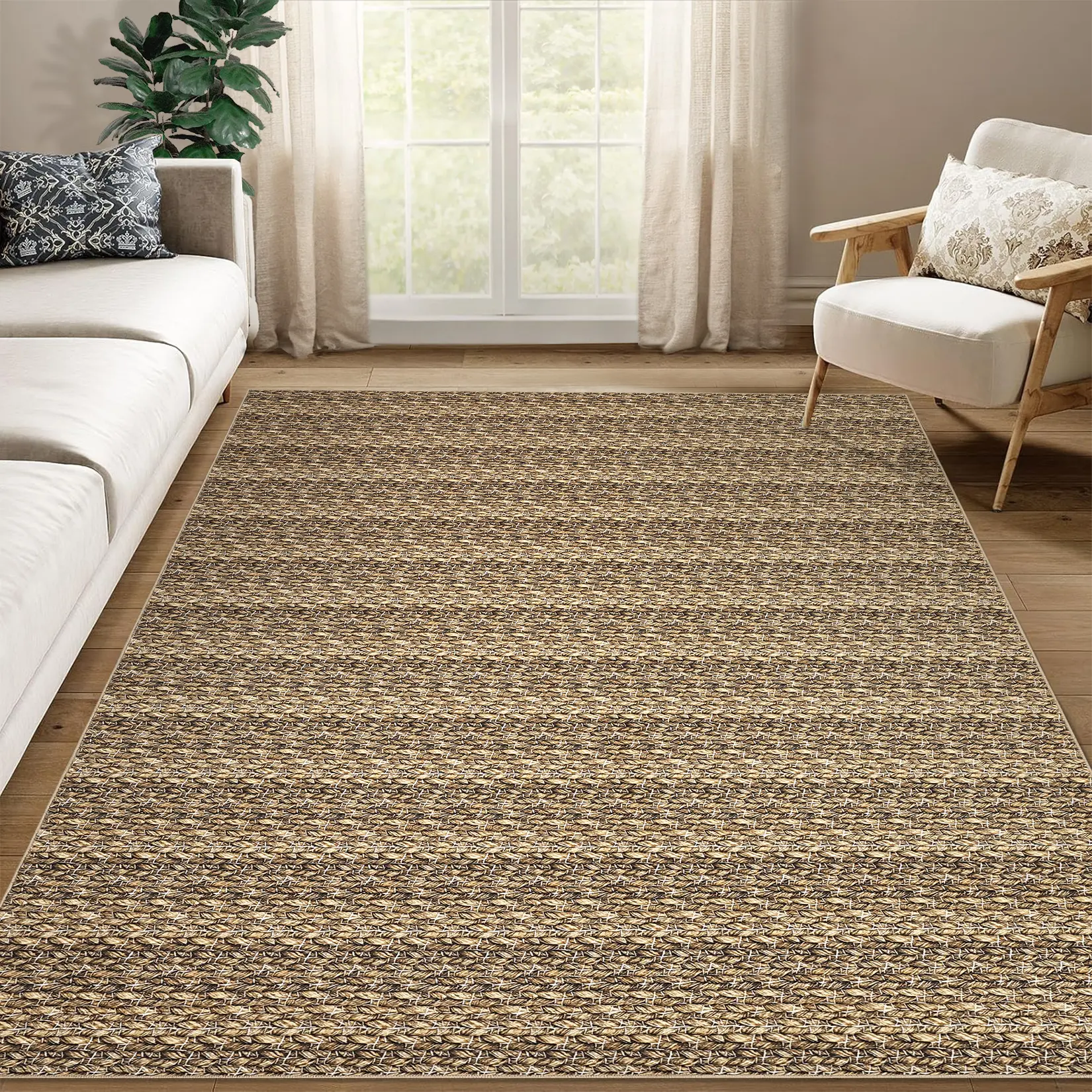 Machine Washable Modern Boho Area Rug - Low Pile, Non-Slip, Soft Accent Carpet - Braided & Woven Print for Living Room, Bedroom, Hallway